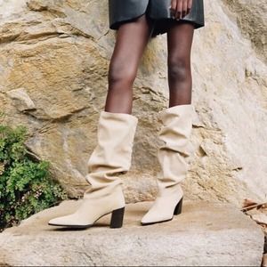 ZARA High Shaft Split Leather Woven Slouchy Beige Pointed Boots Size 40 (US 9)